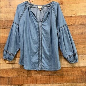Knox Rose Light Blue V-Neck Peasant Blouse with Embroidered Trim Size XL
